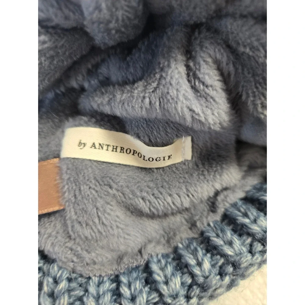 Anthropologie Blue Cable Knit Beanie Faux Fur Pom Fleece Lined Face Mask Button